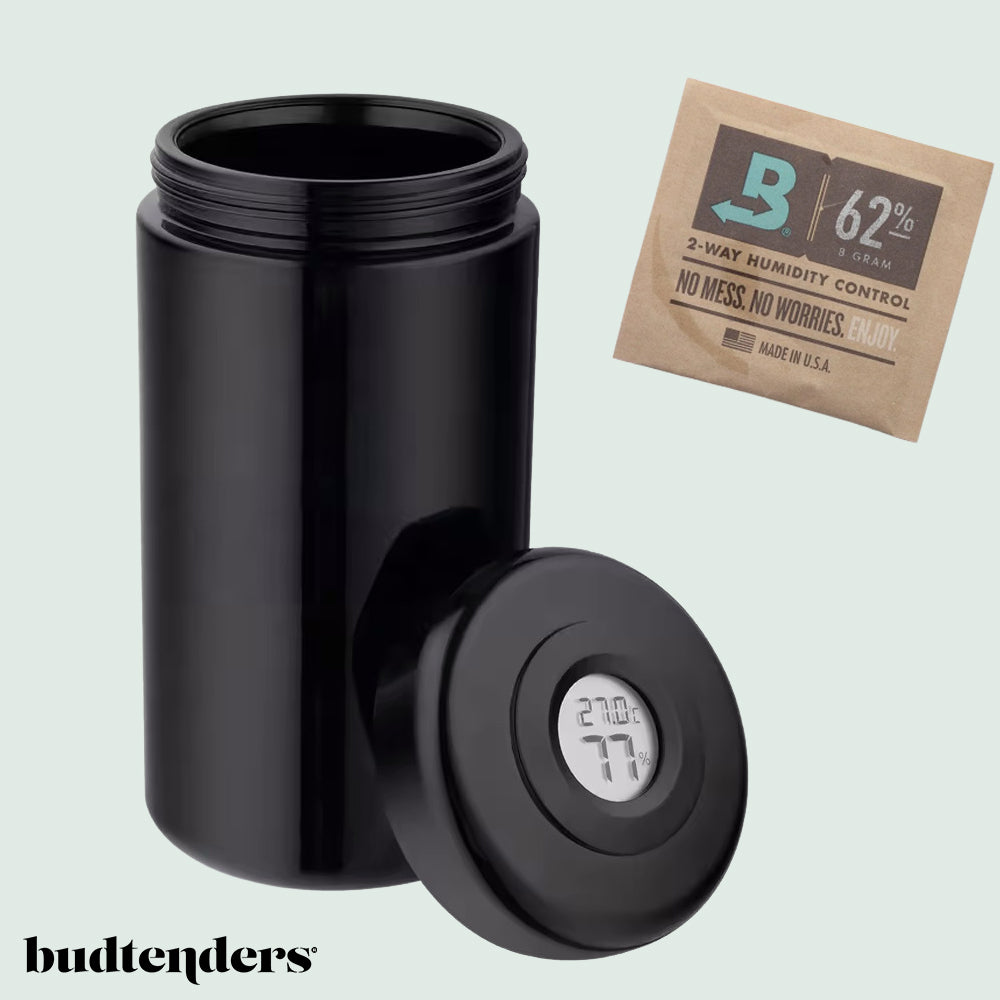 Cannabis Humidor premium ab 19,90€ Violettglas mit Hygrometer & Boveda – budtenders